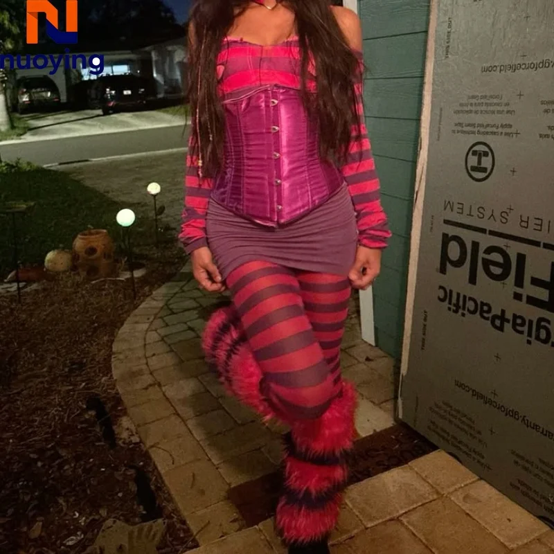 Erwachsenen-Cheshire-Katzen-Halloween-Kostüm, lila gestreiftes Hauskleidungs-Set, niedliche Pfoten, Karnevalsparty-Rollenspiel-Outfit