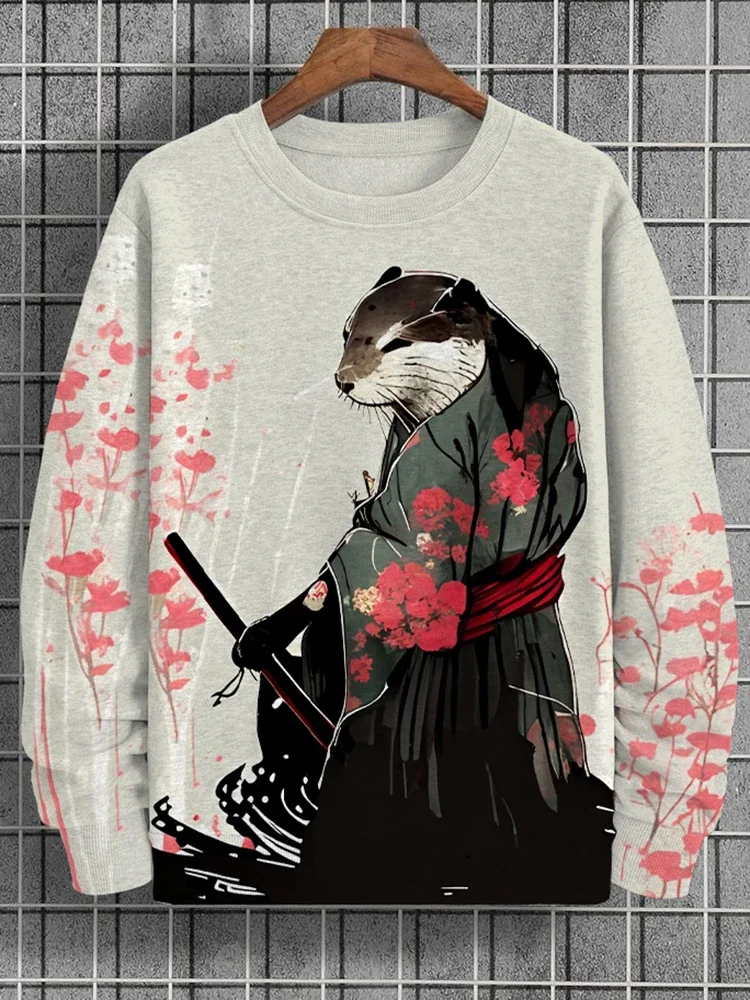 2024 Men's Long Sleeve Tops Samurai Otter Art Print Soft Casual Round Neck Couple Sweater Casual Fashion Large Size Loose