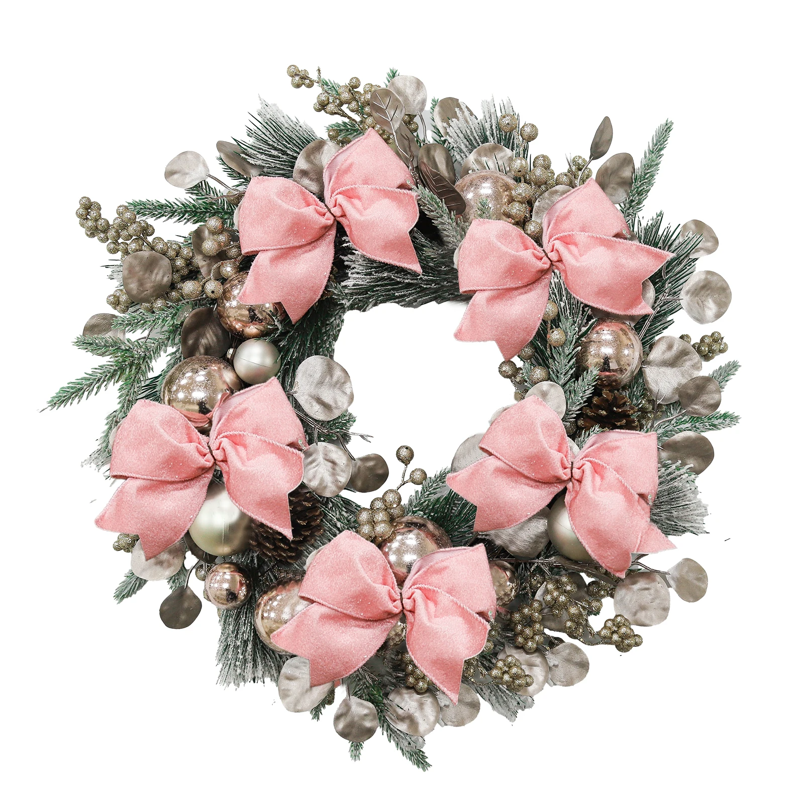 

24 Inch Artificial Christmas Wreath with Pink Bow and Shatterproof Balls, Holiday Front Door Decor for Outdoor and Indoor Use