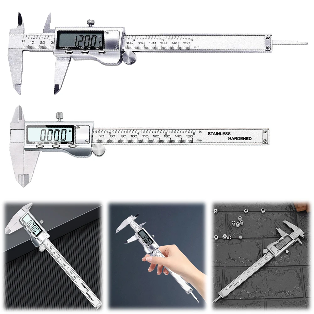 150mm/6Inch Digital Caliper Measuring Tool Stainless Steel Easy Switch From Inch Metric Fraction High Accuracy for DIY/Household