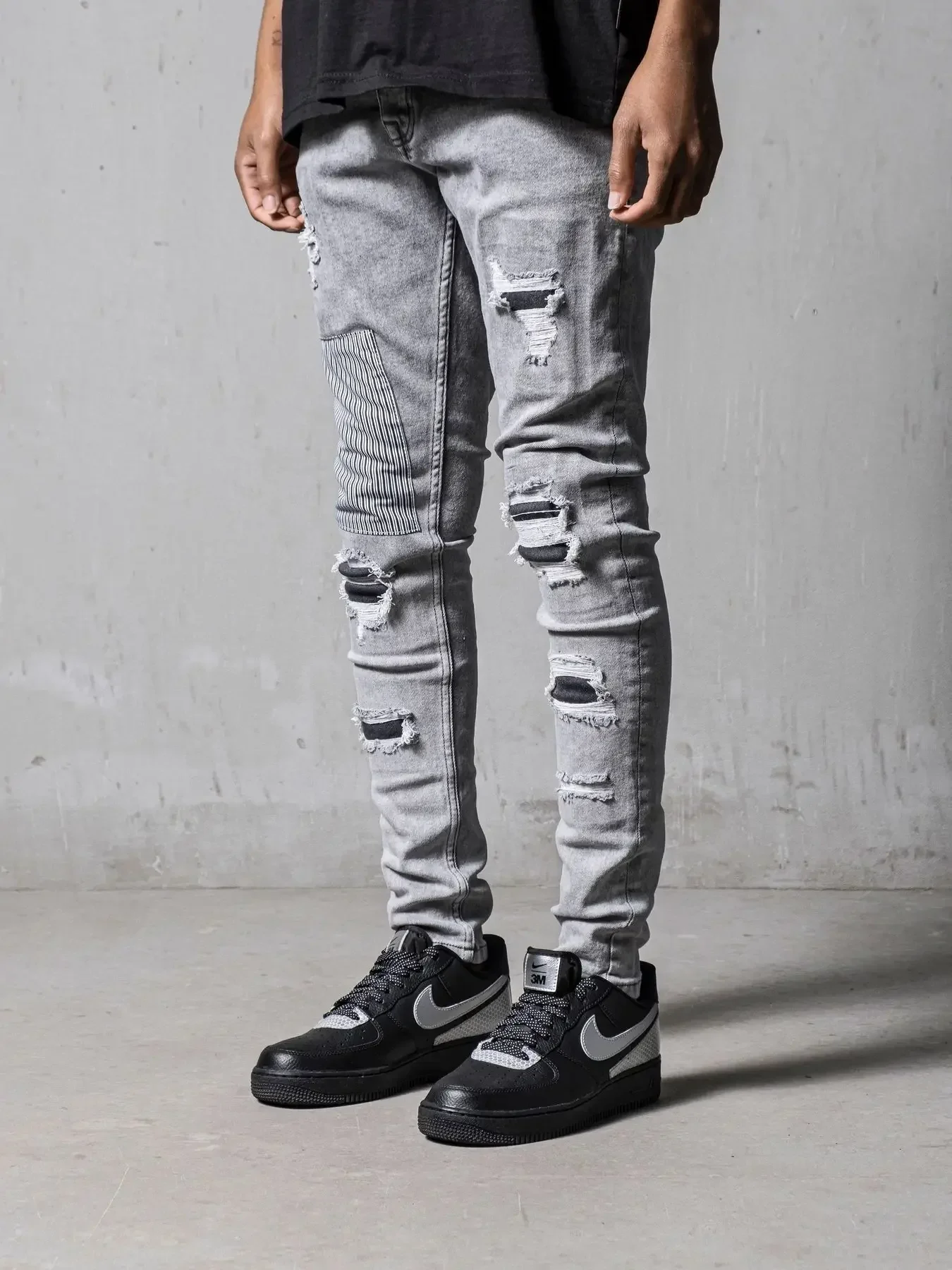 Men Jeans Denim Pencil Pants Holes Washing Slim Fit High Street Zipper Sheath Mid Waist Patchwork Ankle Length Solid Pockets