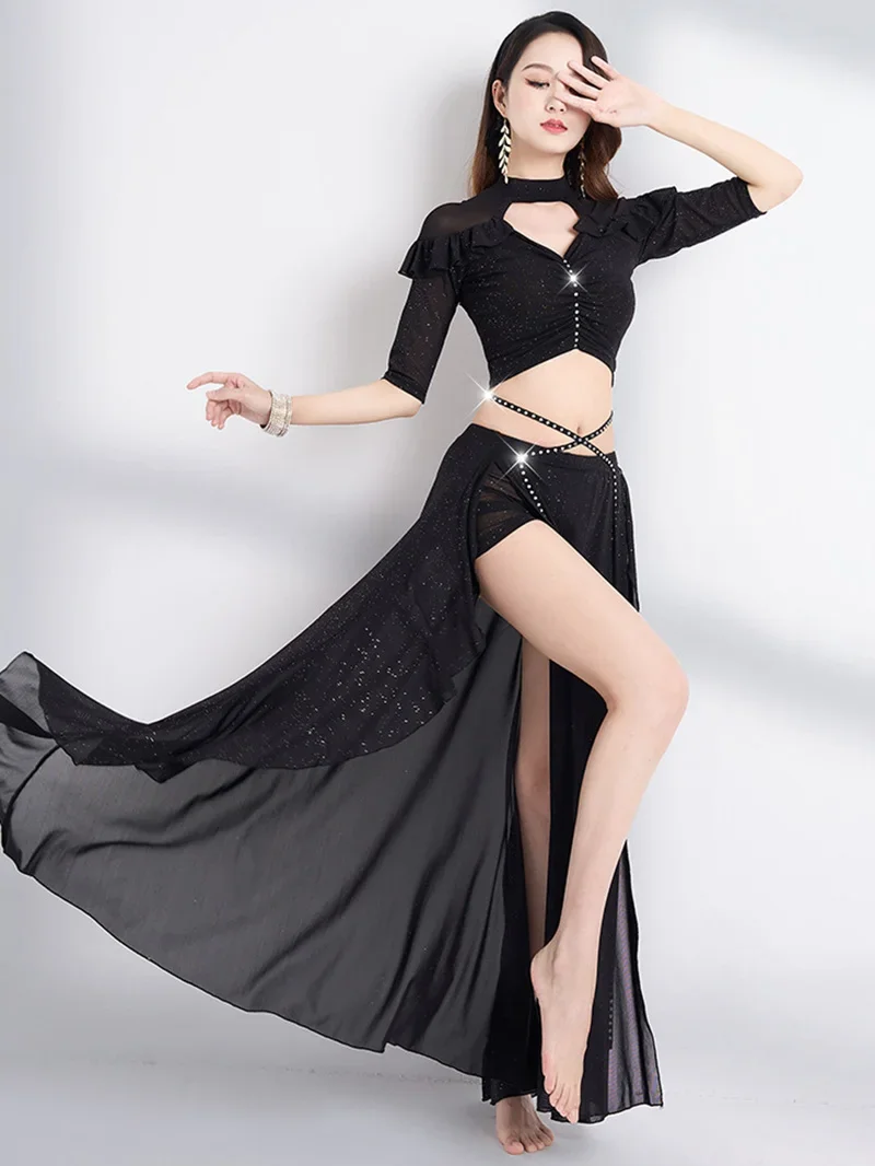 Adult Women Belly Dance Costume Top and Slit Skirts Three Piece Mesh Ruffles Performance Dance Clothes Vintage Practice Set