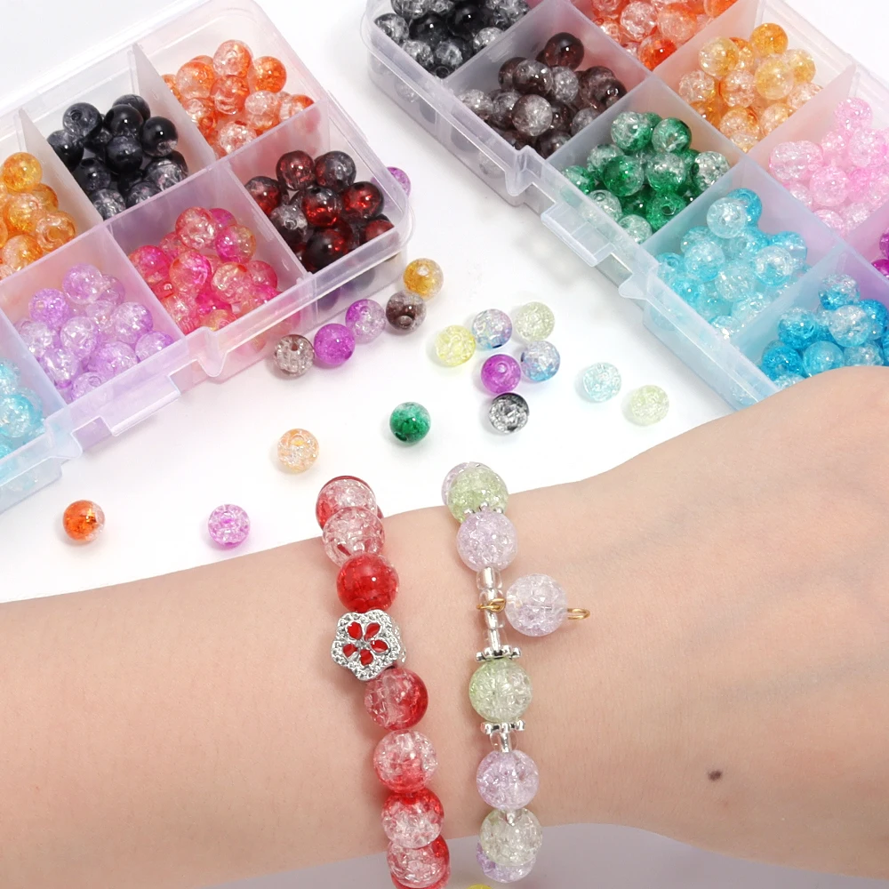 200pcs Color Acrylic Crackle Crystal Beads Set for  DIY Bracelet Necklace Jewelry Making Supplies Round Glass Beads 10 Grids Kit