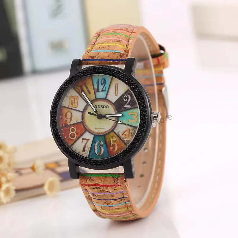 Wood grain turntable women's watch retro striped pattern leather watch Korean version tree strap student watch