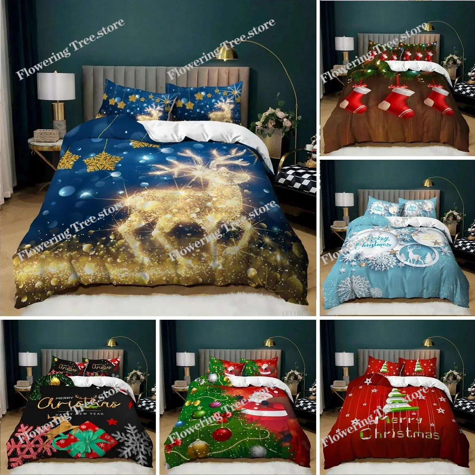 

Christmas Deer Duvet Cover Santa Claus Bedding Set Full Queen For Boys Girls Gifts Microfiber Comforter Cover With Pillowcases