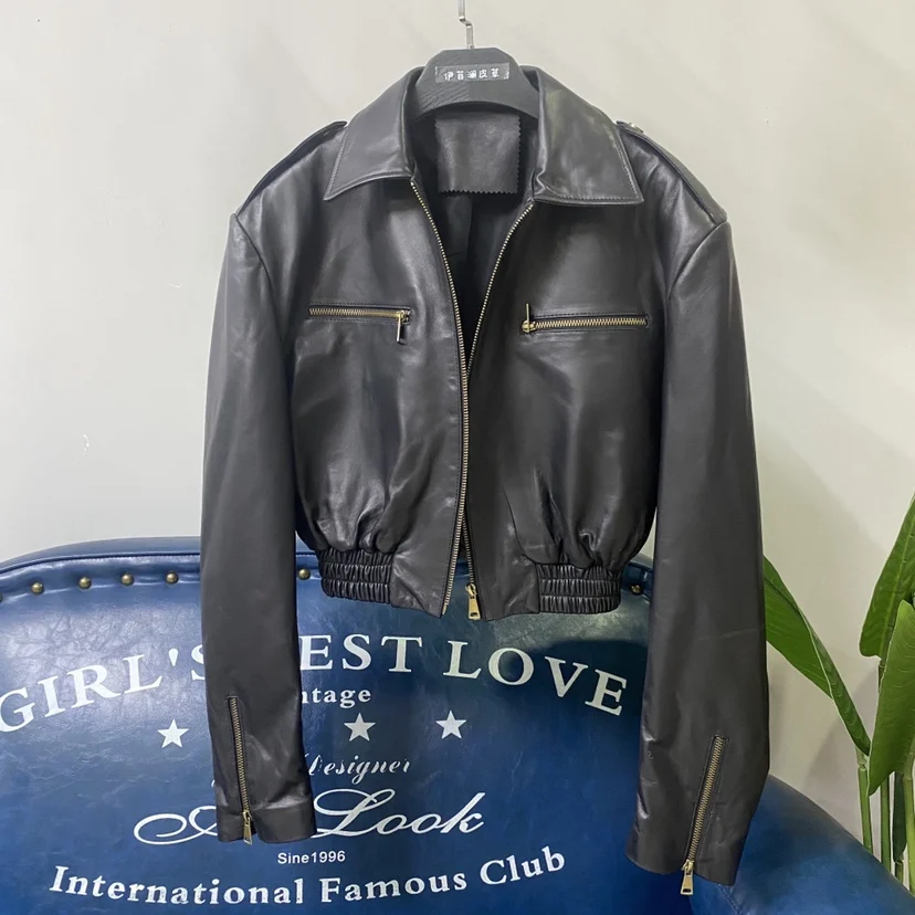 Jaqueta Retro de Couro Genuine Bla ort para Mulheres, Nova Jaqueta de Primavera 2023, Jaqueta de Motocicleta com Cintura Drop Azul, Estilo Moderno