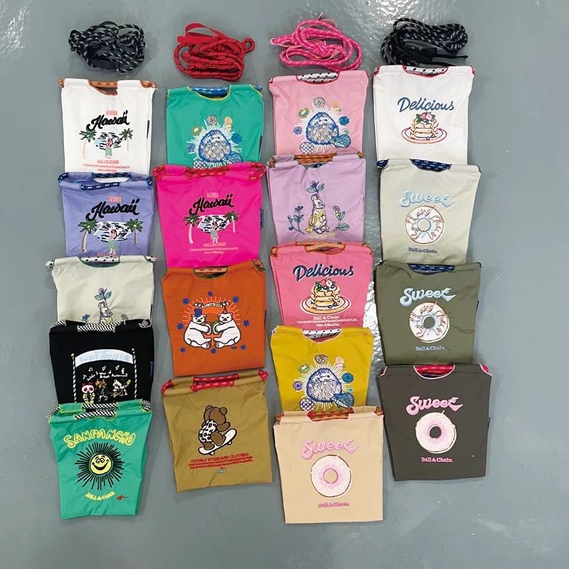 Ball Chain Mini Embroidered Canvas Bag Nylon Reusable Bag Kawaii Fashion Handbag Commuter Shopping Messenger Bag Girls Gifts