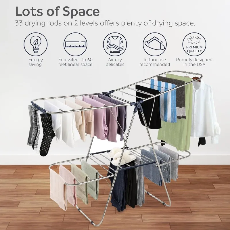 Clothes Drying Rack Foldable - 2 Level Stainless Steel Laundry Drying Rack with Height-Adjustable Wings, 33 Drying Rails