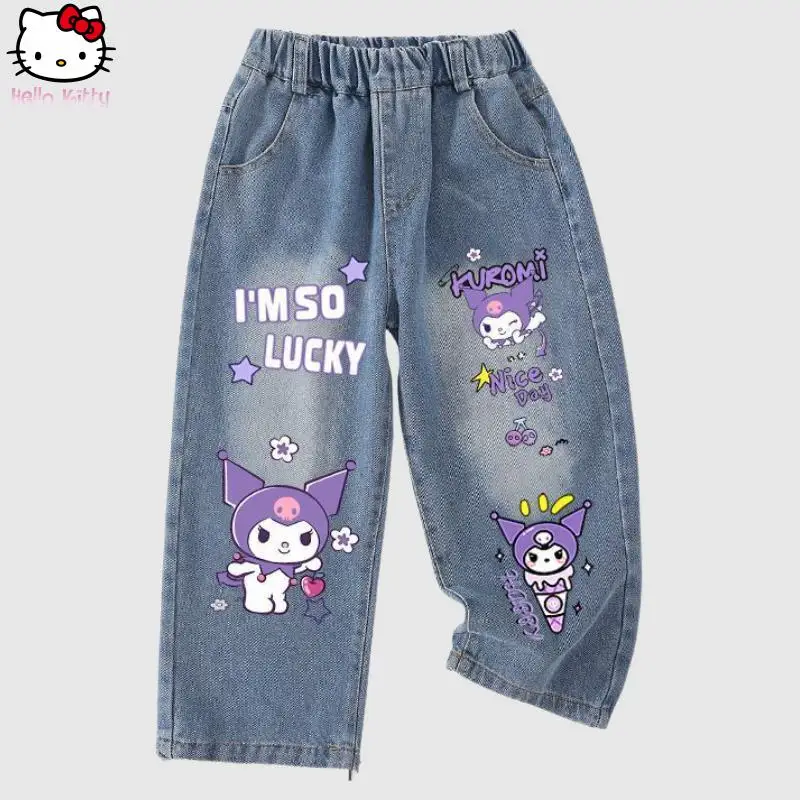 

Autumn New Kuromi Melody Casual Jeans Girls Cartoon Anime Cinnamoroll Sweet Straight Leg Wide Leg Pants Kawaii Teenagers