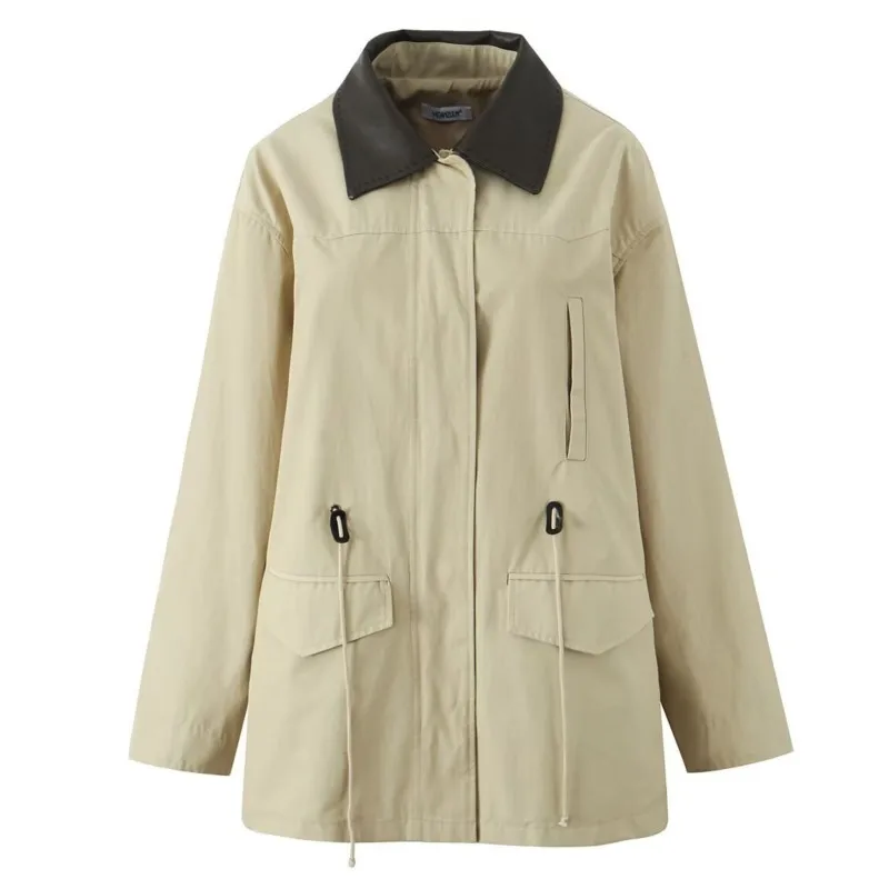 

Осень 202, женский Тренч в корейском стиле с цветными блоками, дизайн с воротником, застежка на талии, верхняя одежда цвета хаки с завязками на талии