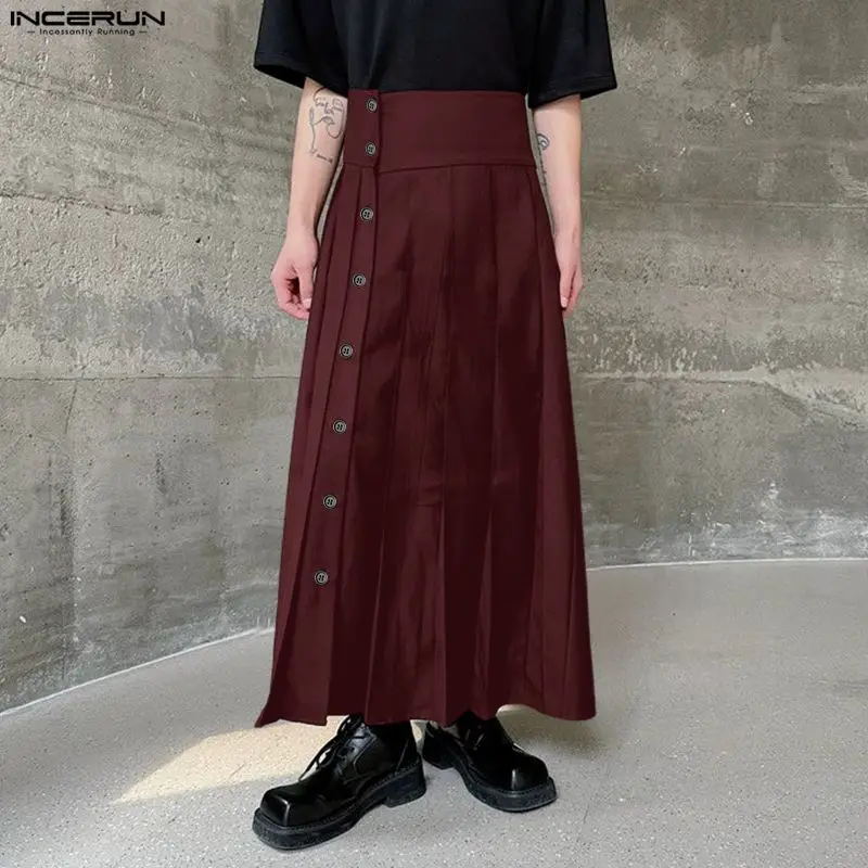 INCERUN Men's Skirts Solid Color Button Pleated Casual Men Bottoms Streetwear Personality 2026 Fashion Leisure Skirts For Man