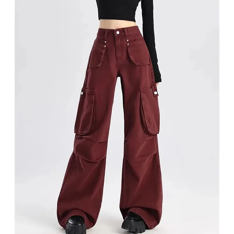 Spring Autumn Femme High Waist Denim Pantalons Ladies Multi Pocket Work Cowboy Straight-leg Trousers Korean Women Wide Leg Jeans