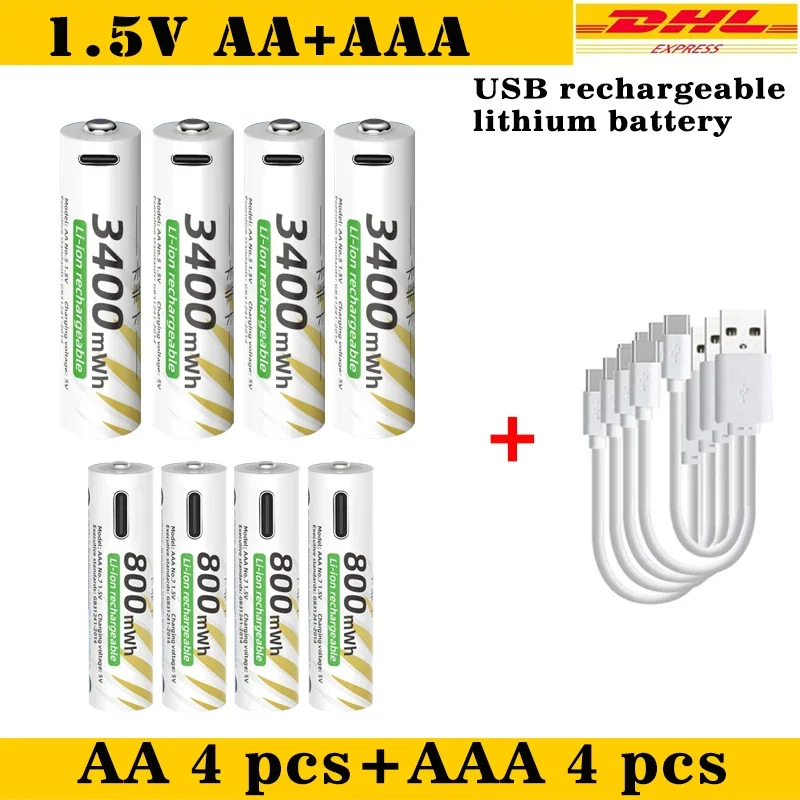 

New Li-ion AAA and AA Rechargeable Batteries USB Lithium-ion 3400mWh 1.5V AA Rechargeable Batteries+800mWh 1.5V AAA Battery