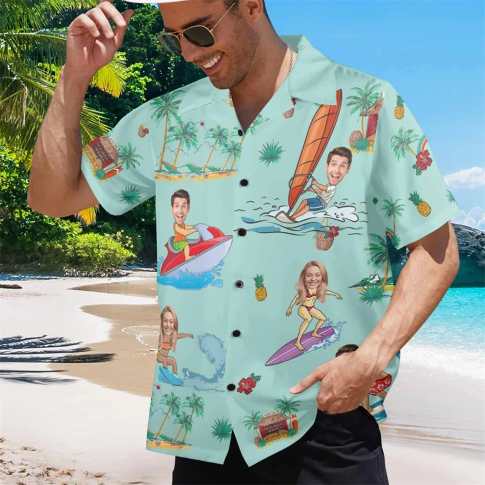 Custom Photo Hawaiian Shirt Diy Human & Pet Faces Aloha Shirt Personalized Beach Vacation Top Custom Funny Face Gift Apparel