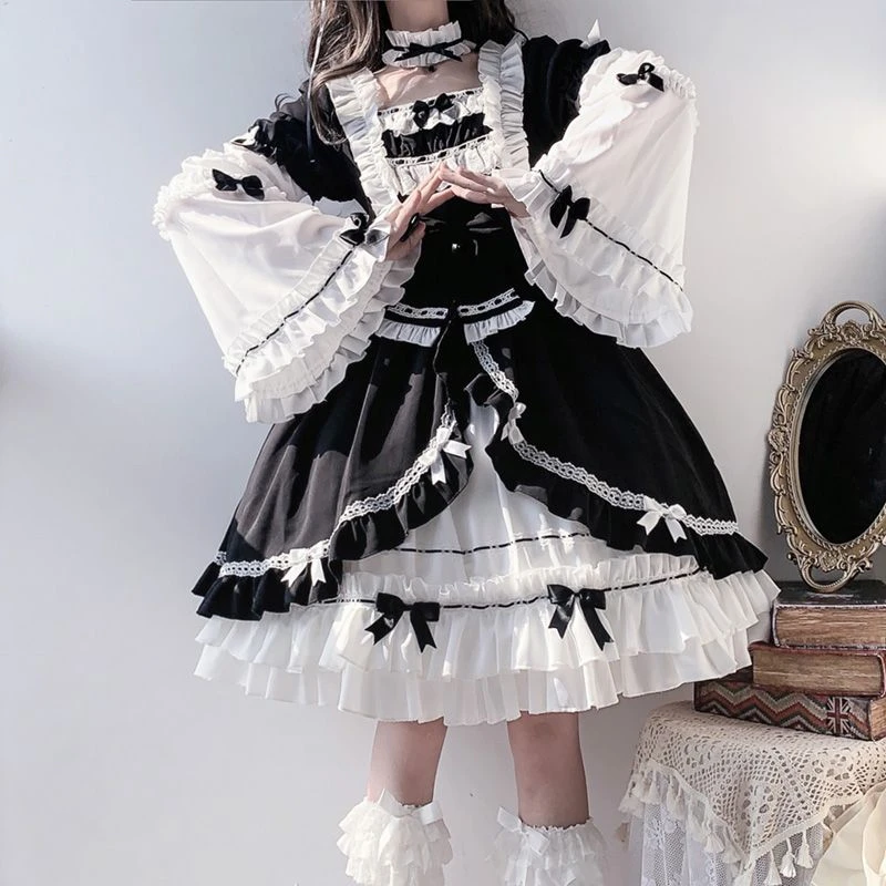 

Gothic Kawaii Lolita OP Dress Women Sweet Bow Ruffles Maid Princess Dresses Victorian Vintage Cosplay Costumes Girly Y2k Dresses