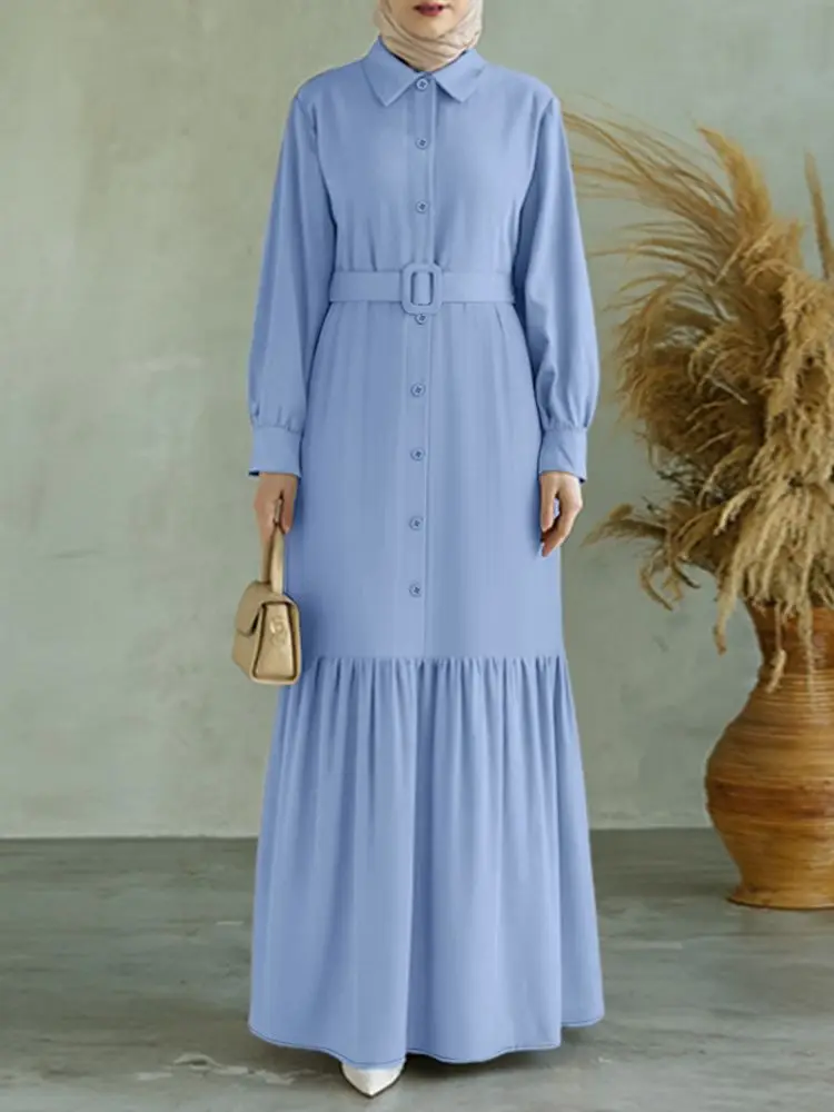 ZANZEA 2025 Eleganckie sukienki biurowe z długim rękawem dla kobiet, długa sukienka maxi na jesień, jednolita, z paskiem, elegancka sukienka z falbanką na dole, sukienki do pracy