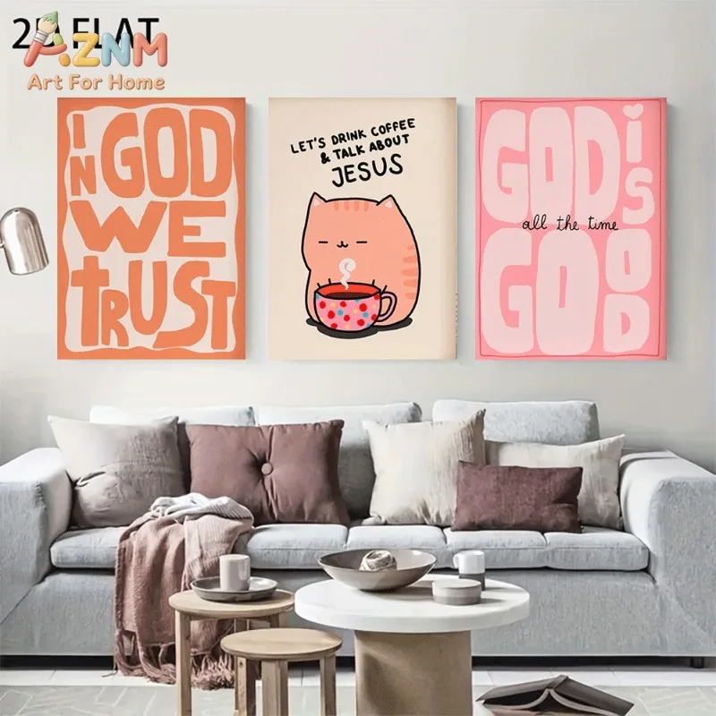 Unframed 3PCS Christian Quote Canvas Wall Art Cute Cat Coffee Cartoon Print Poster In God We Trust Home Living Room Bedroom Dec