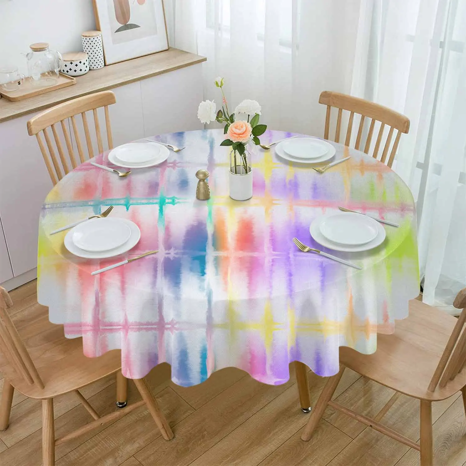 

Rainbow Watercolor Gradient Round Table Cloth Festival Dining Tablecloth Waterproof Table Cover for Wedding Party Decor