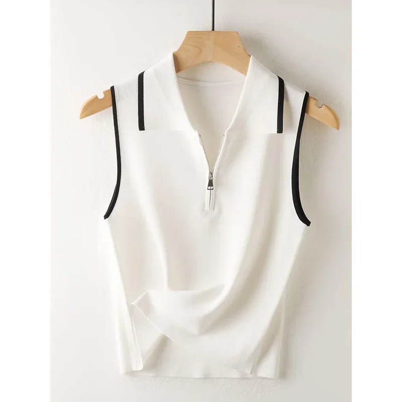 New Summer Fashion Trend Commuting Minimalist Lapel Panel Zipper Casual Loose Contrast Color Sleeveless Ice Knit T-shirt Z76