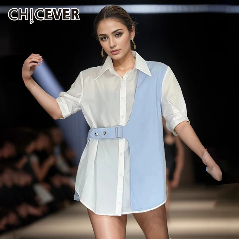 

CHICEVER Patchwork Belt Loose Shirts For Women Lapel Short Sleeve Hit Color Casual Temeprament Blouse Female Fashion Clothes New