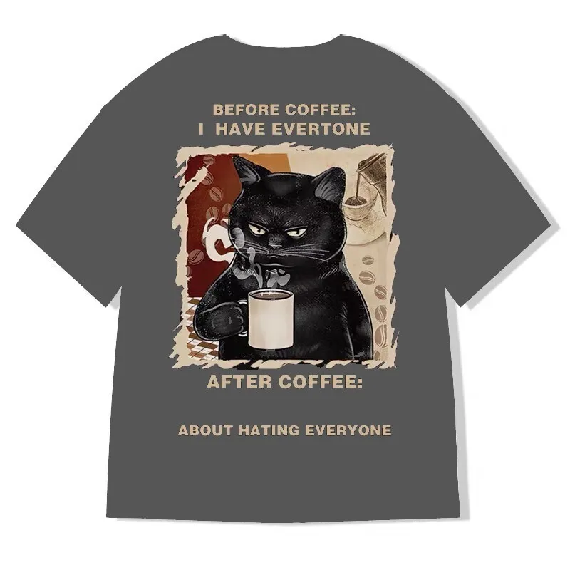 2025 New Year Men\'s T-Shirt Black Cat Printed Male Clothing Summer Casual Short Sleeve Top Loose Oversized T-Shirt Street Tees
