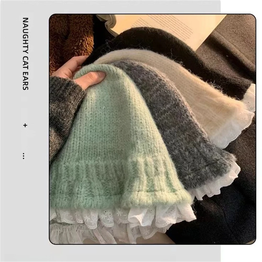 Winter Lace Soft Warm Knitting Hats Female Thickened Decorative Basin Hat Anti-freezing Chunky Rod Woolen Cap Clothing Accessory view 2