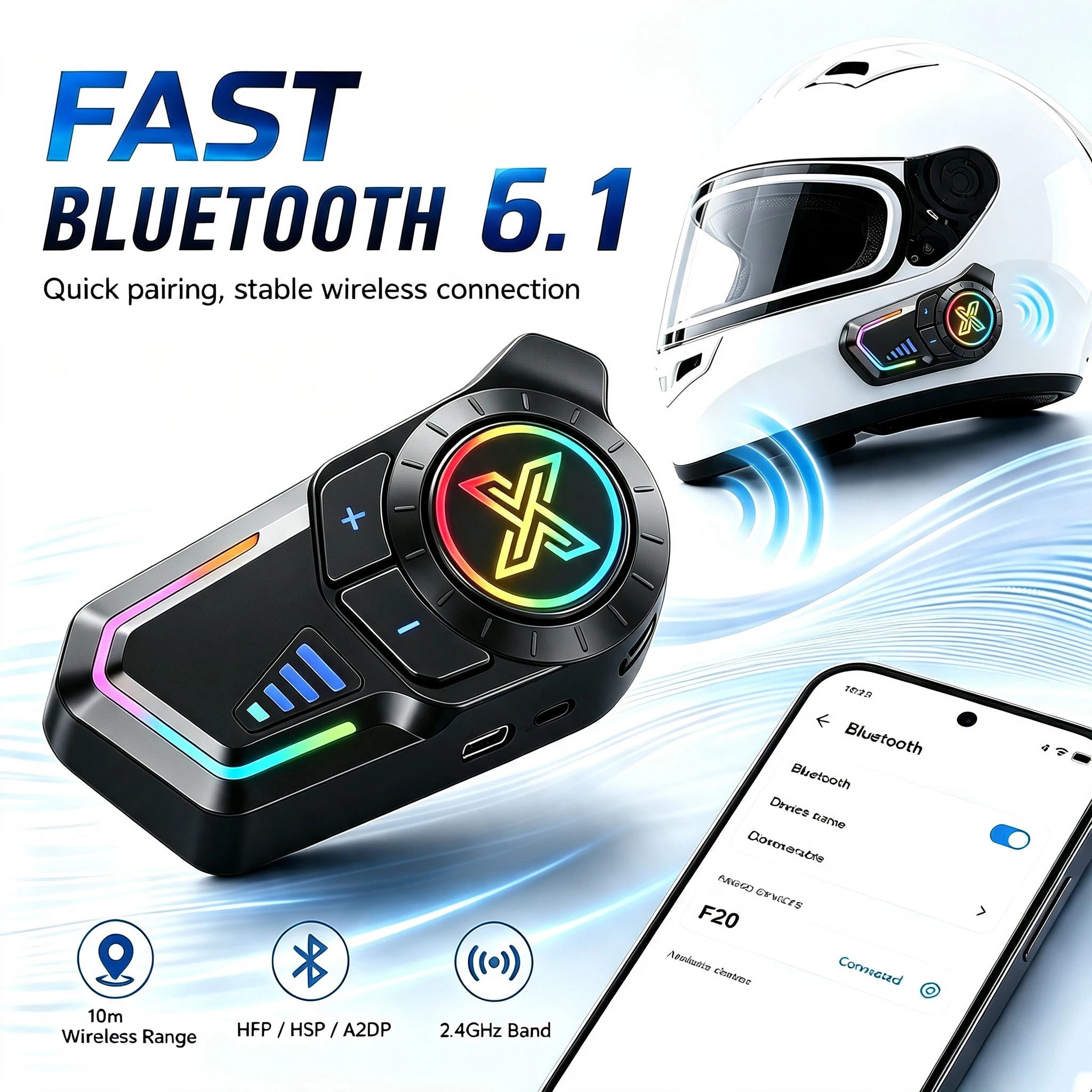 F20 Motorcycle Helmet Headset With LED Earphone Bluetooth 6.1 Stereo Waterproof For Android Ios Phone Universal Headset