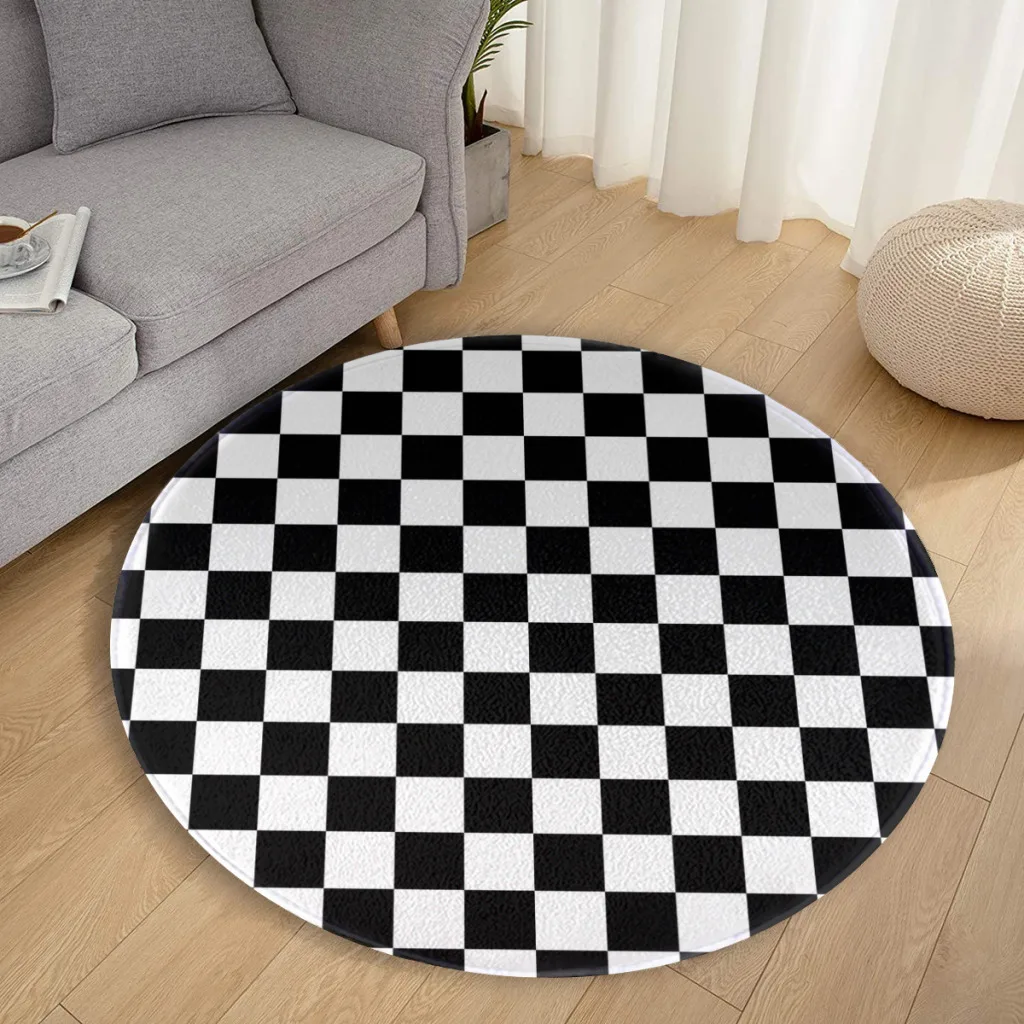 Black and White Grid Area Rug Circular Carpet Rug for Living Room Bedroom Sofa Doormat Decor Game Non-slip Floor Mat