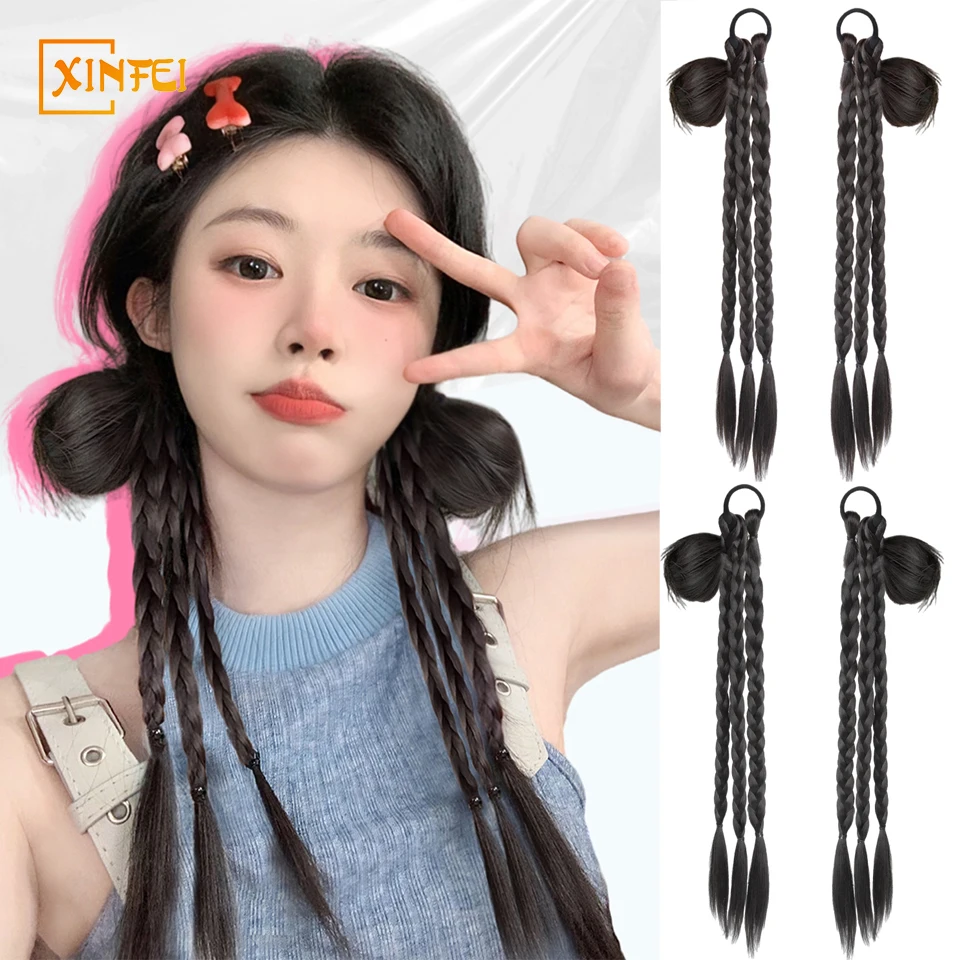 Synthetic Wig Ponytail New Chinese Bow Ball Head Female Y2K Millennium Spice Girl Twist Long Braid Double Ponytail Wig Braid