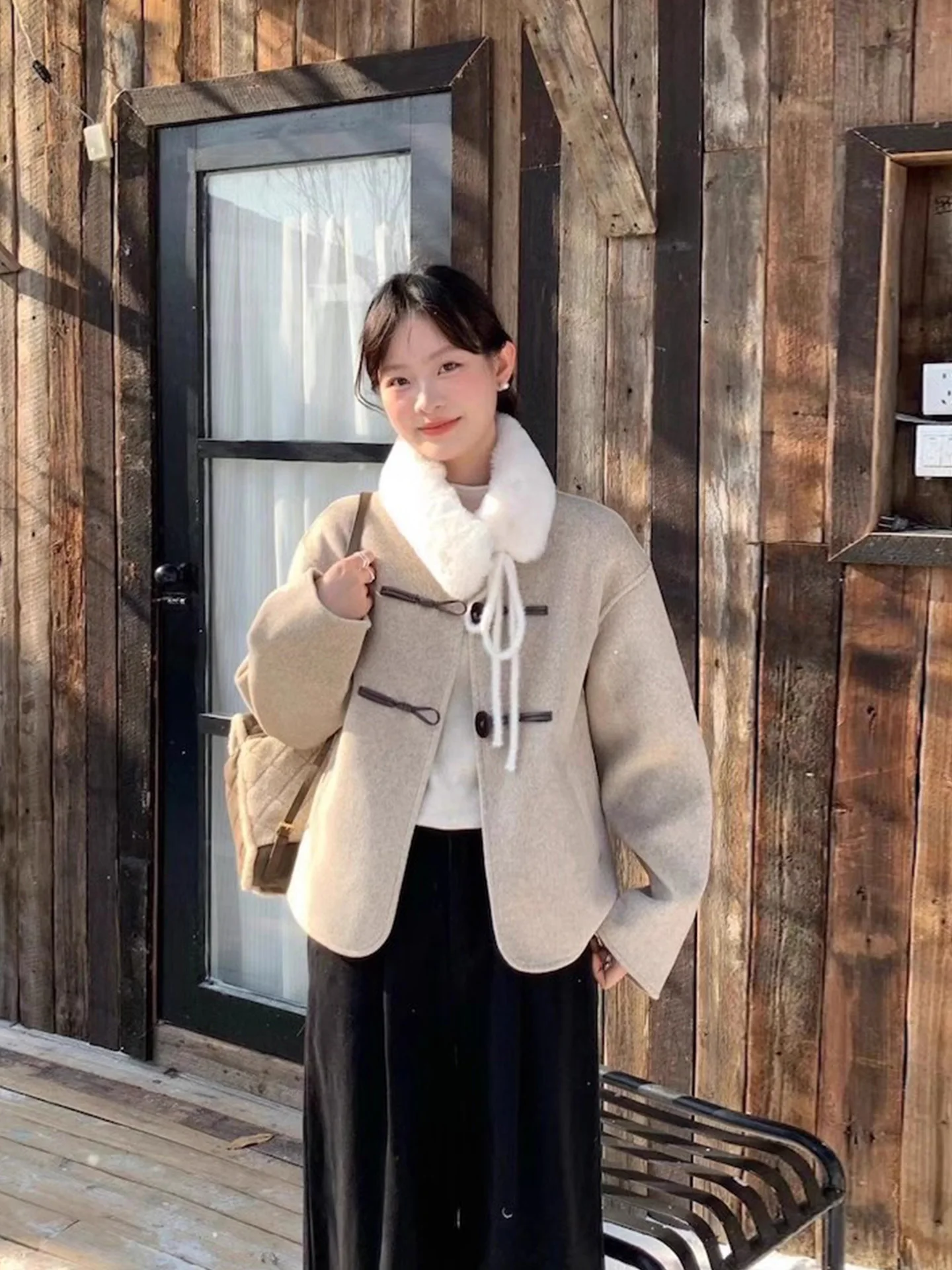 

Ele Detachable Fur Collar Button-Up Woolen Coat Women's Autumn Winter Small Size Warm Cotton Woolen Outerwear