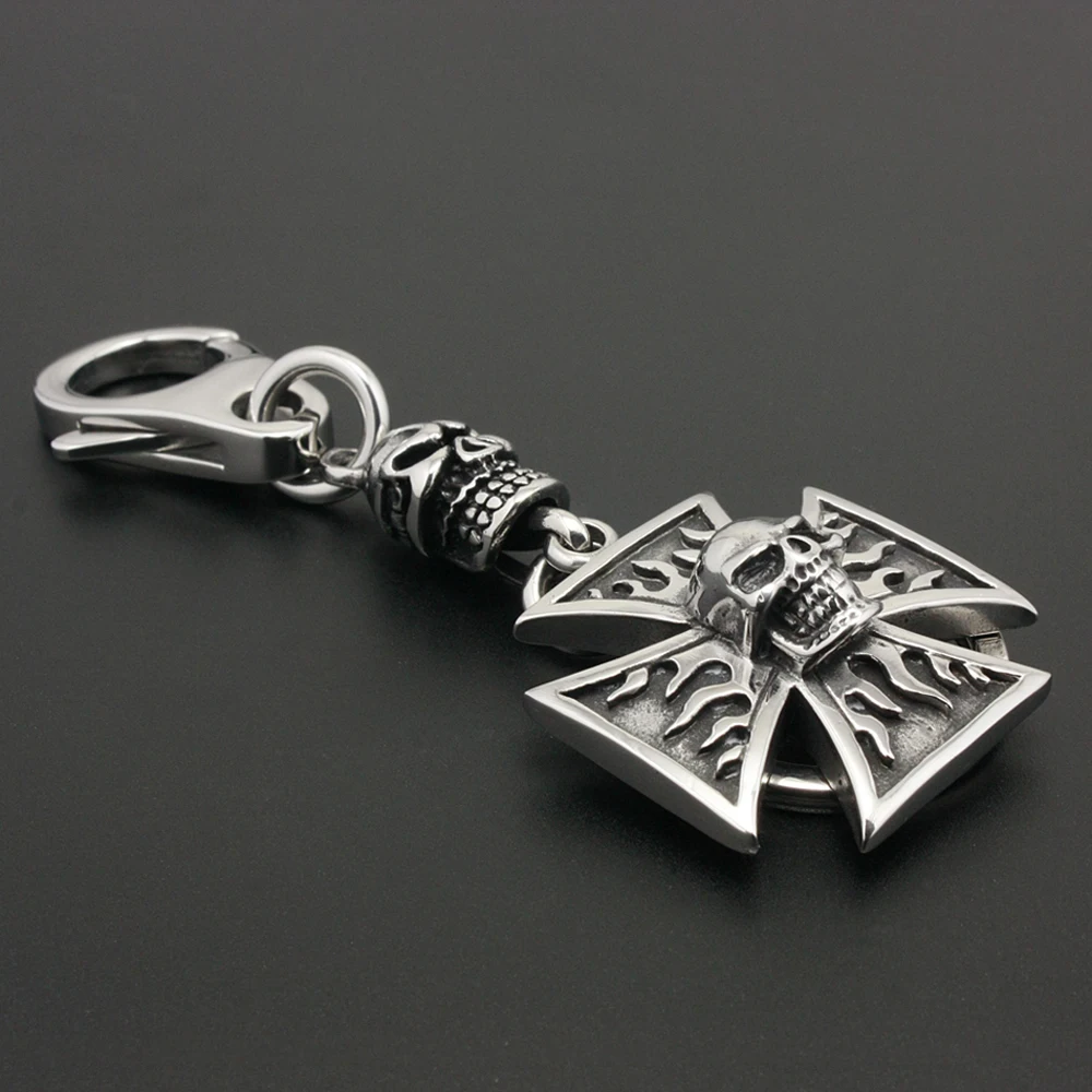 Unique 316L Stainless Steel Flame Skull Mens Biker Rocker Keychain 6R002KC-3P3