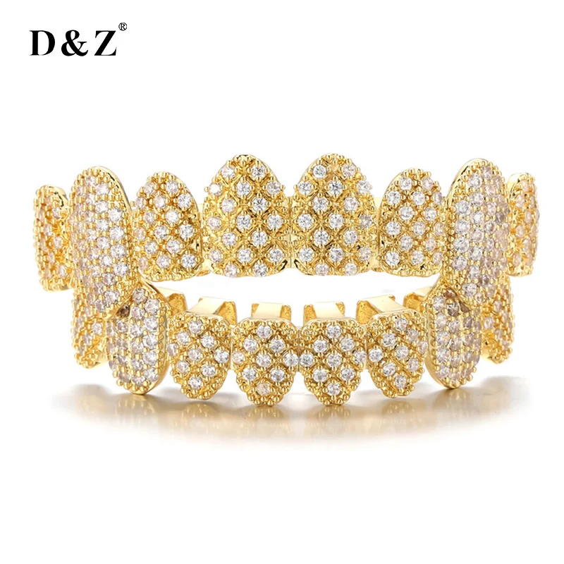 D&Z New Bling Cubic Zircon Teeth Grillz Set For Unisex Top Bottom Mouth Gold Silver Color Removable Dental Fashion Jewelry