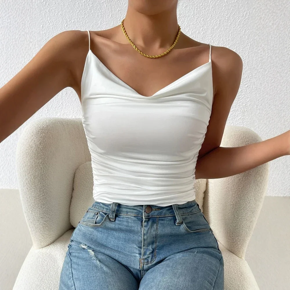 CPSYMYM Canottiere Primavera Estate Elegante semplice arricciatura senza maniche con scollo a V Canotte casual in tinta unita per le donne