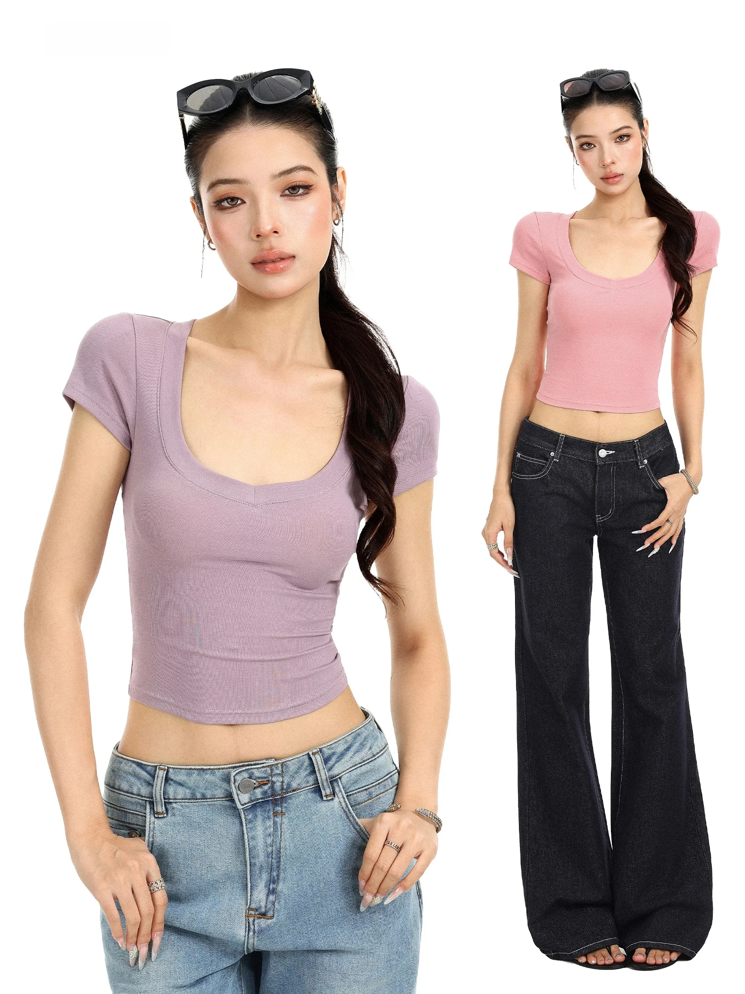 Slim Fit Short Sleeve T-Shirt Women Summer Pure Desire Waist Cinching Bore Hole U-Neck Top High Waist Short Length Body Shape