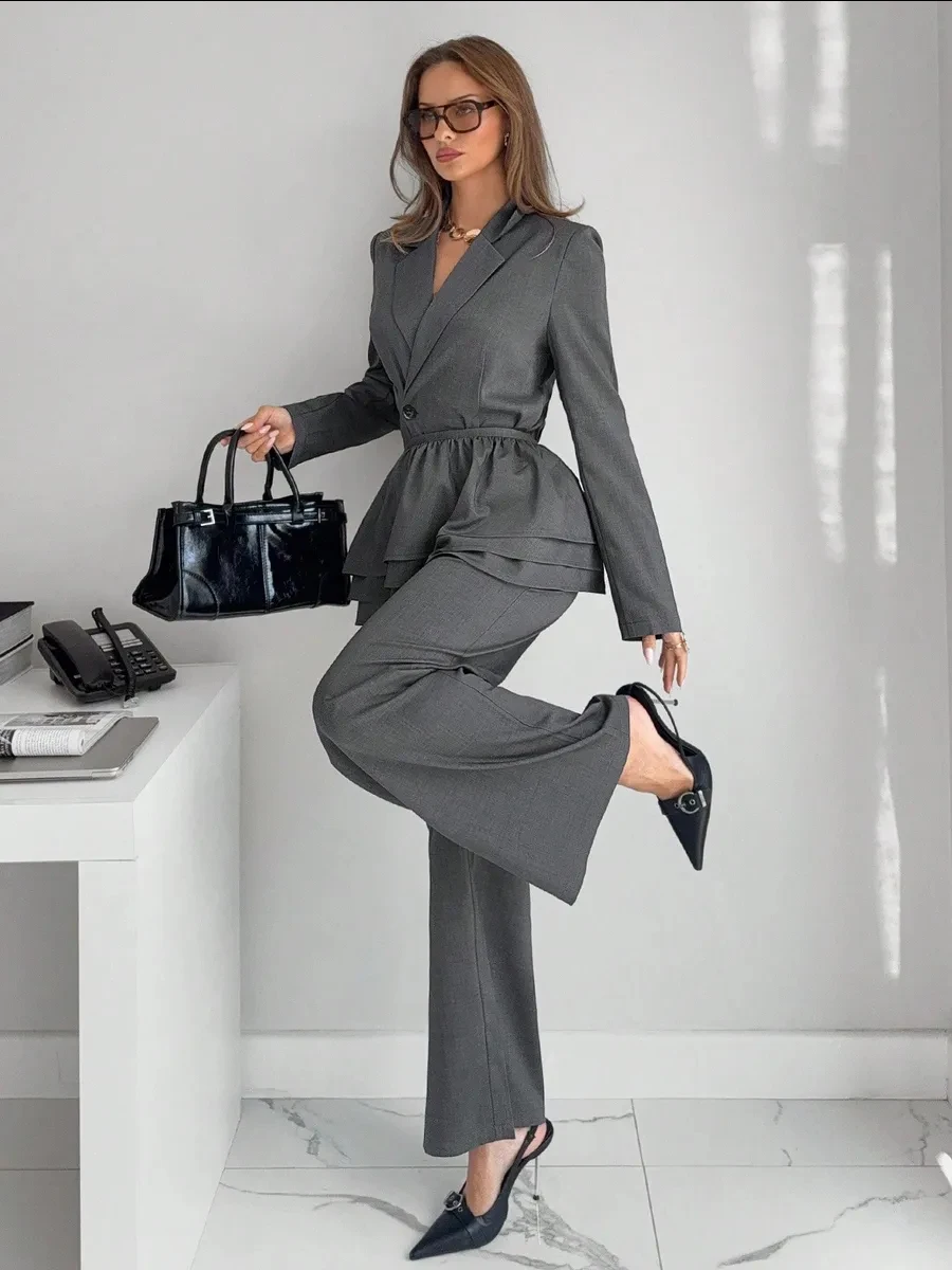 

KT 2026 Women's Office Two Piece Suit, Lapel Single Button Peplum Blazer Back Tie Waist High Waist Wide Leg Flare Trousers Co Or