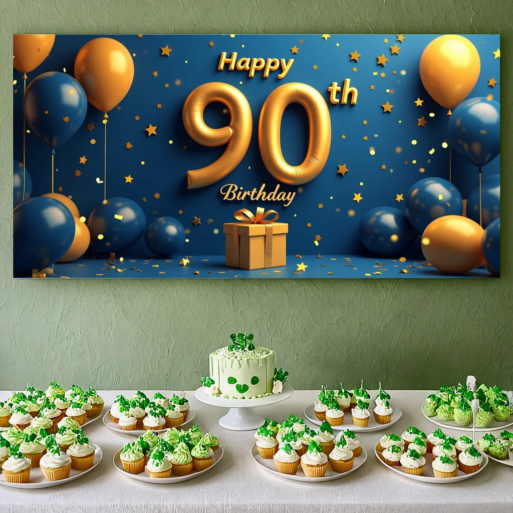 Elegant 90th Birthday Banner Party Decoration Backdrop Background Golden Anniversary Celebration Photography Props Decors