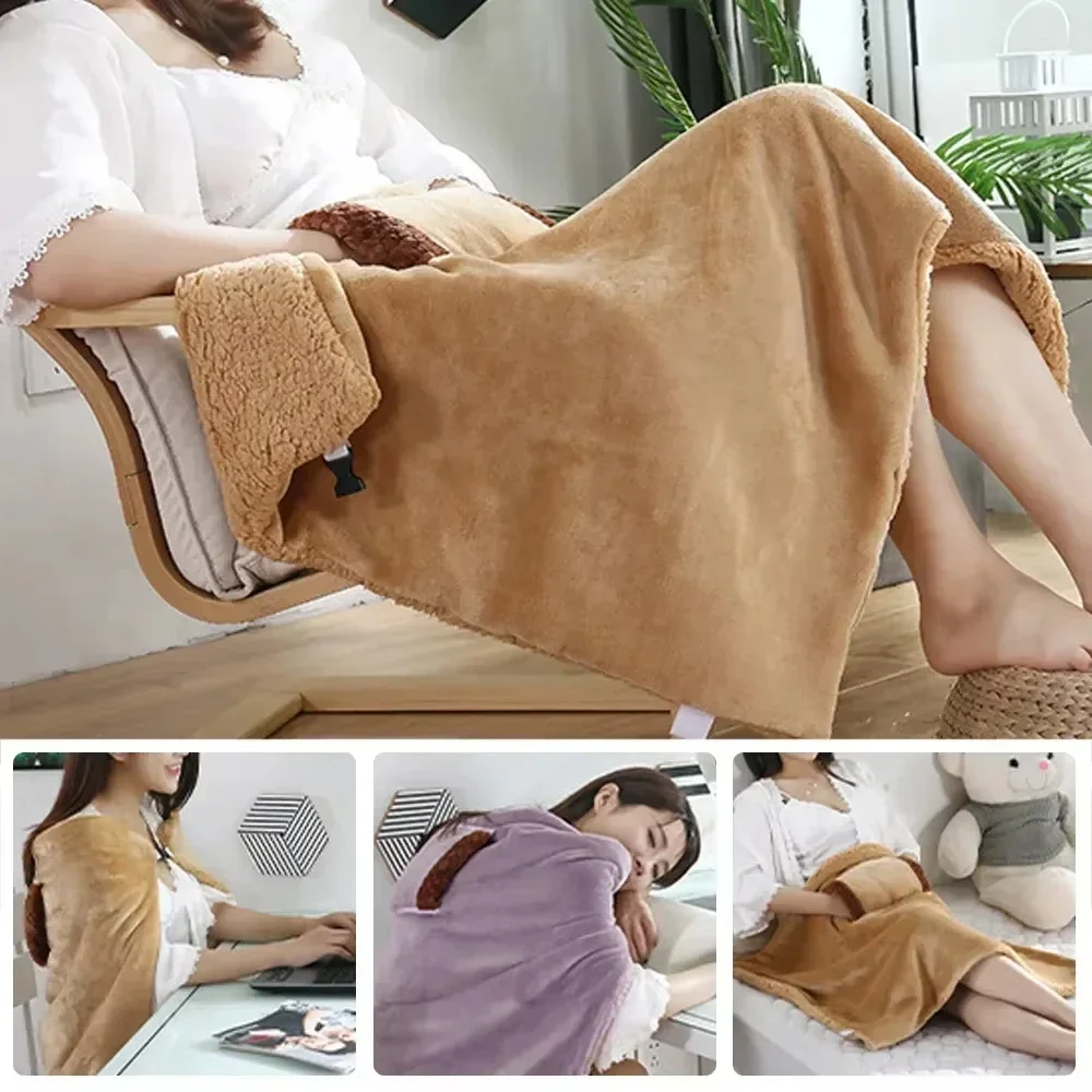 Household Winter USB Rechargeable Portable Flannel Electric Blanket with Pocket, Heating Hand Warmer and Knee Blanket Accessory