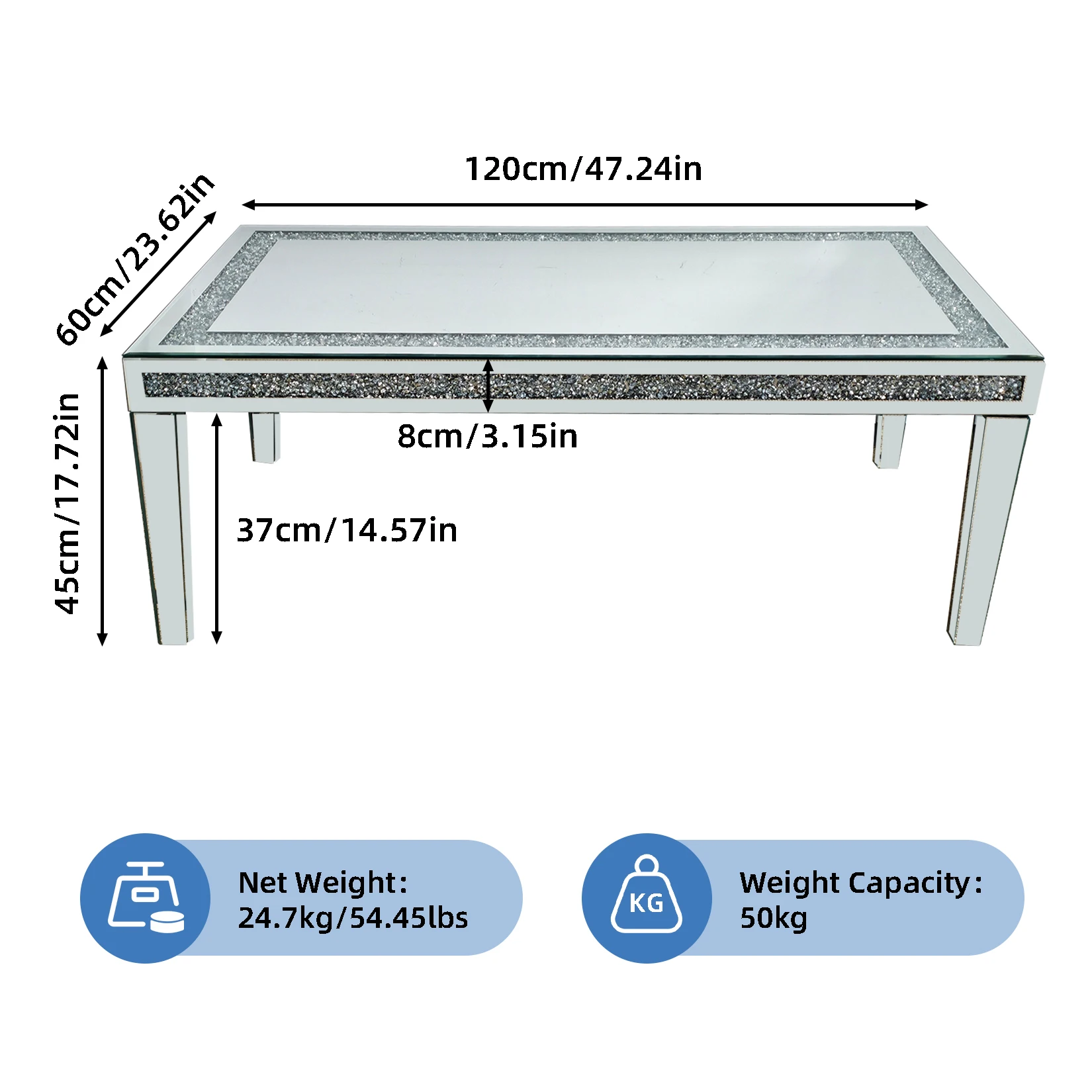 Large Rectangular Diamond Mirrored Crystal Coffee Table for Living Room Furniture