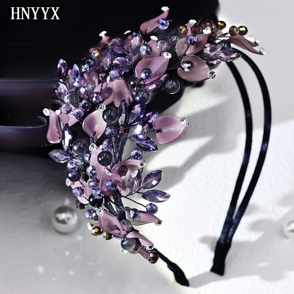 

HNYYX Изысканная повязка на голову с кристаллами и стразами, элегантная фиолетовая повязка на голову в форме лепестков, украшение для волос, женский свадебный головной убор YXA143