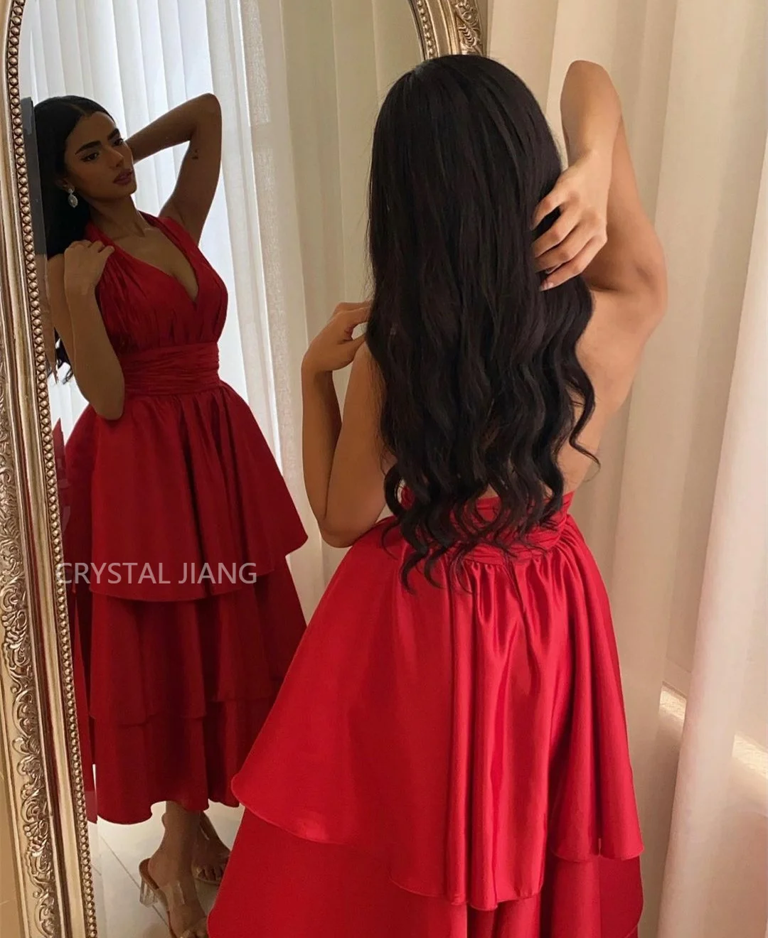 Kurze satin rote Halfter formale Okassion Kleider muslim isch rücken frei فساتين الس카رة a-Linie plissierte Tee Länge Robe de Soirée für Frauen