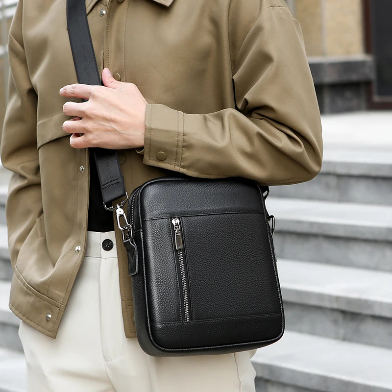 New Genuine Leather Solid Color Men Shoulder Bags Classic Black Available in Large Small Sizes for Business Travel Crossbody Bag
