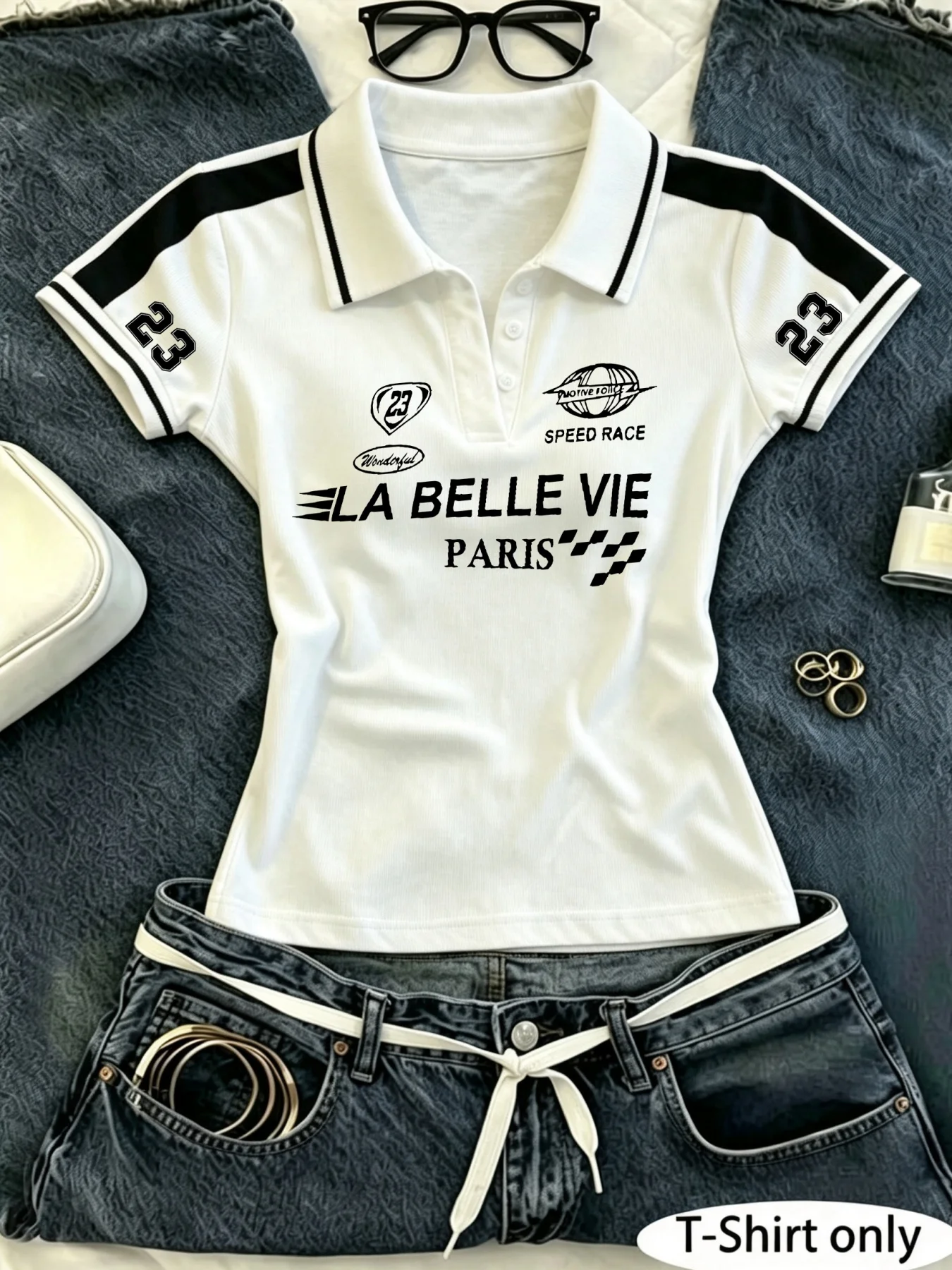 Women's Y2K Crop Polo Shirt, Paris Racing Multi‑Badge Graphic Print Color‑Block Short Sleeve Collared Slim Fit Street Casual Top