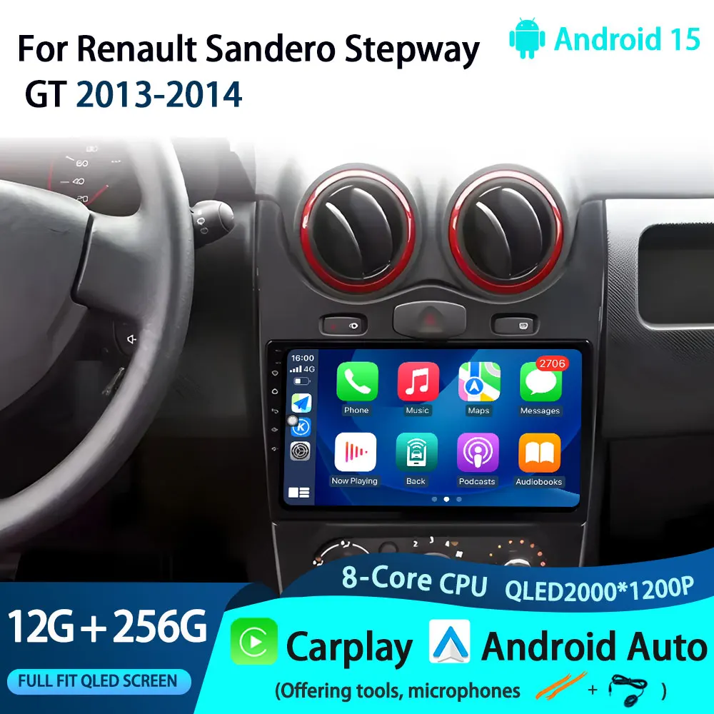 No 2Din Android 15 Auto Radio Car Multimedia Player For Renault Sandero Stepway  GT 2013-2014 Carplay 4G GPS Autoradio