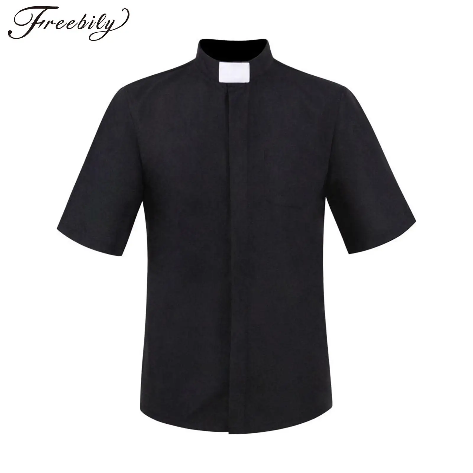 

Mens Priest Shirt Black Catholic Church Costume Pastor Roman Priest Collars Minister Preacher Tops Halloween Cosplay Costume