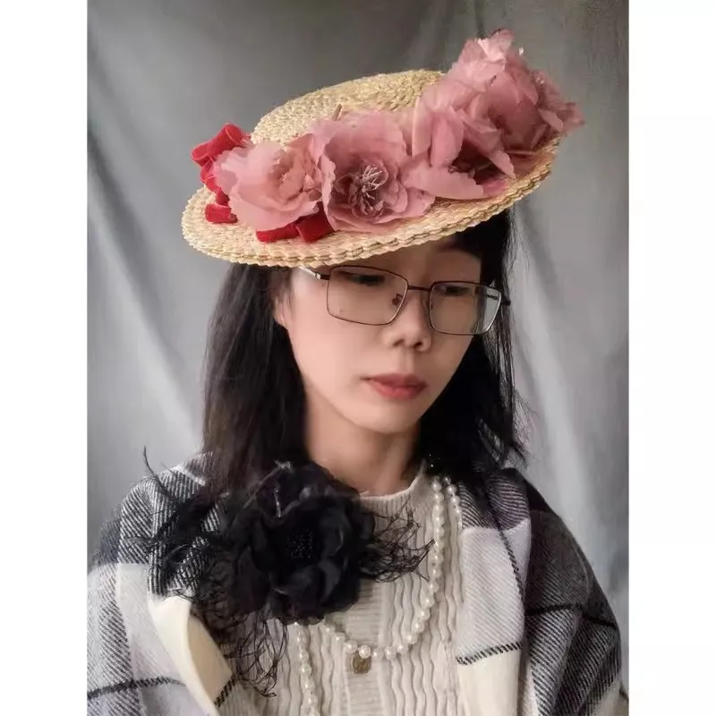 202410-shi ins summner handmade straw Downton Abbey Vintage Velvet ribbon Elegance flower holiday lady sun cap women leisure hat