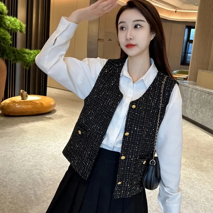 Spring Small Fragrant Style Vest top Women's Fashion Temperament Slim sleeveless Coat Female Single breasted Short Waistcoat