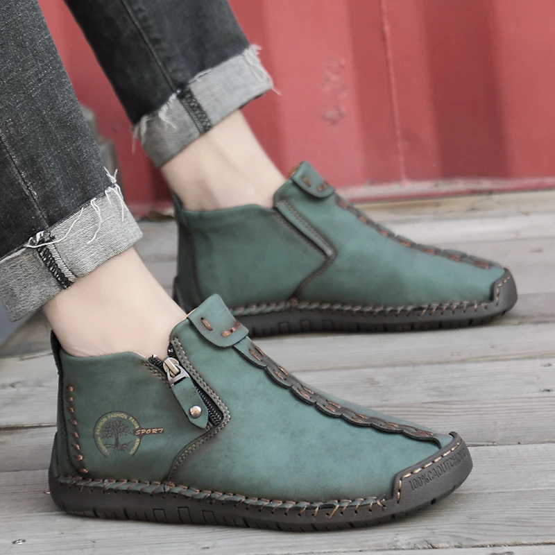 Fashion Men's Casual Shoes Leather Unisex Breathable Anti-slip Walking Shoes Women Outdoor Stitched Men Boots