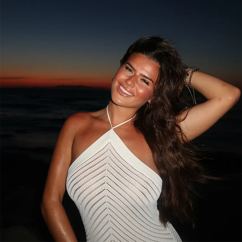 

Sexy Knitted Hollow Out Neck Strap Long Dress For Women Sleeveless Slimming High Waist Solid Robe 2025 New Summer Beach Y2k