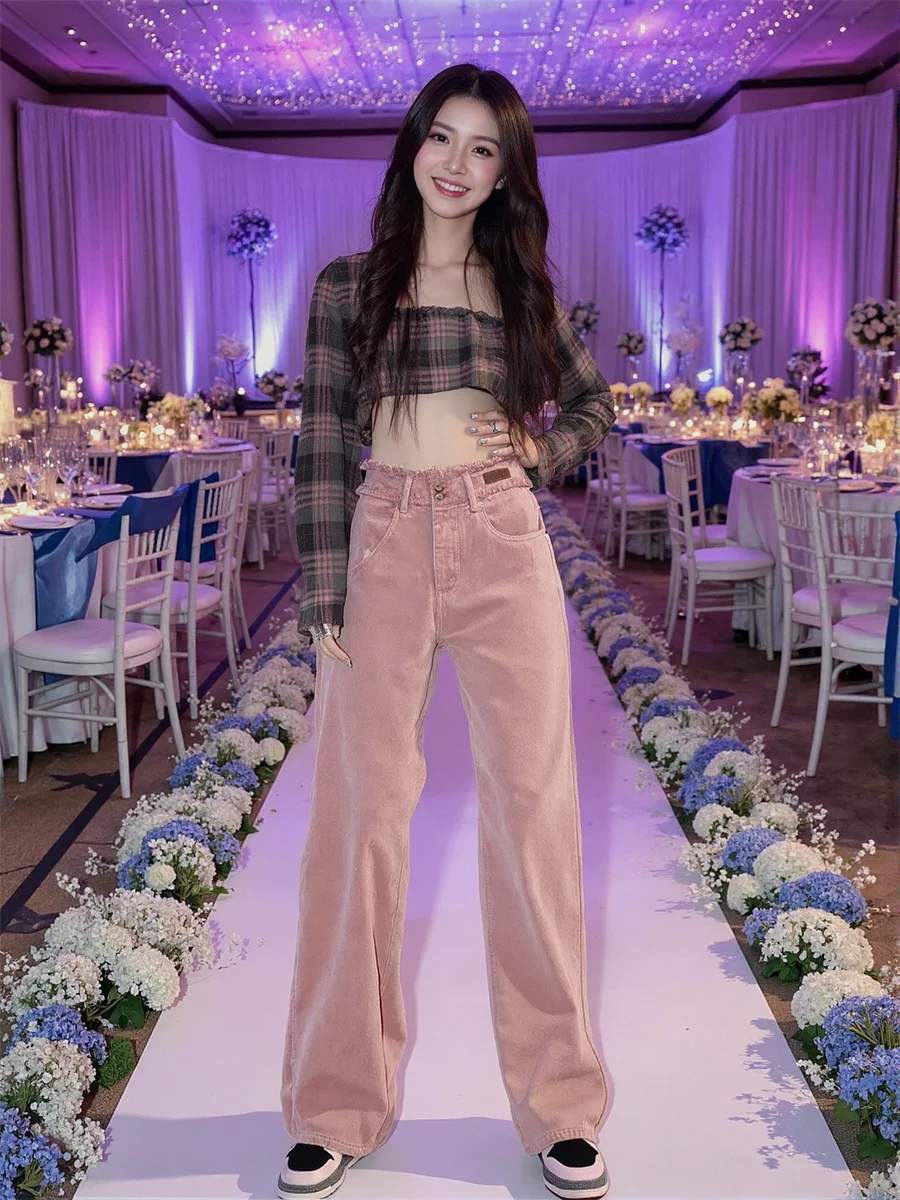 

Широкие джинсы с высокой талией для девочек, джинсовые брюки, женская одежда, зимняя облегающая классическая домашняя одежда с инкрустацией бриллиантами