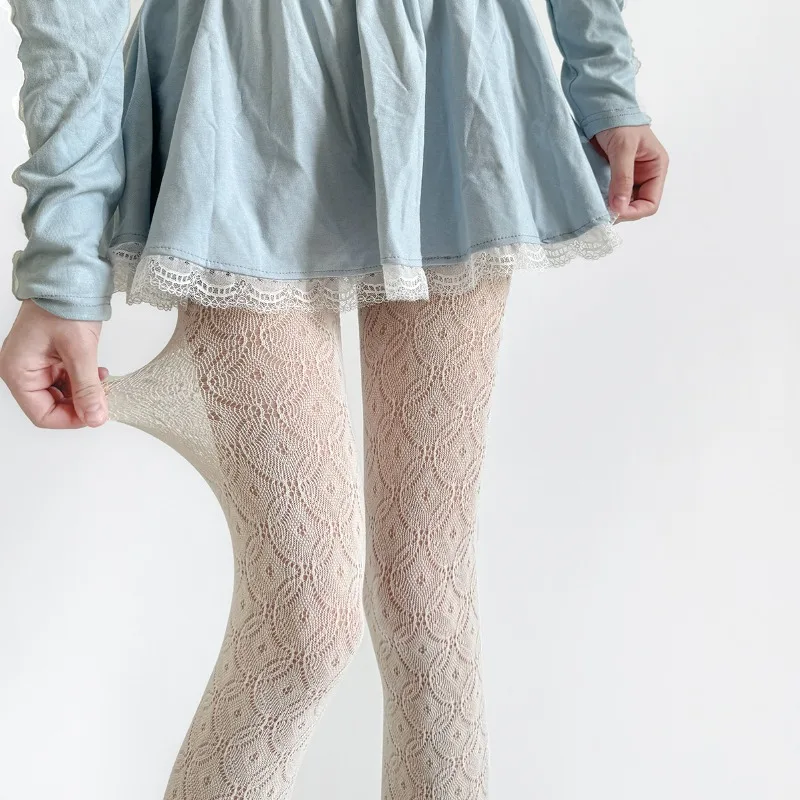 Vintage Lace Jacquard Tights for Girls Sheer Cream White Stockings Hollow Fishnet Design Slimming Pantyhose Sexy for Spring Fall
